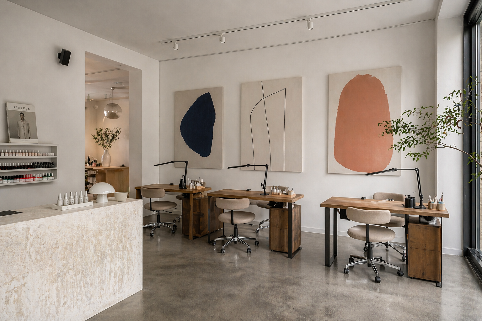Bright minimalist nail salon interior with manicure stations