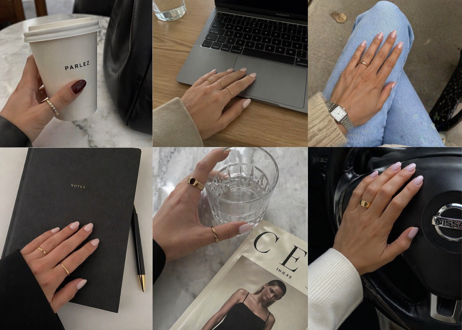 Close-up of minimalist nude nails beside a laptop